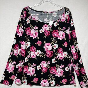New Cato Top size XL Pink Black Floral Stretch Knit Long Sleeve Ultra Soft Comfy